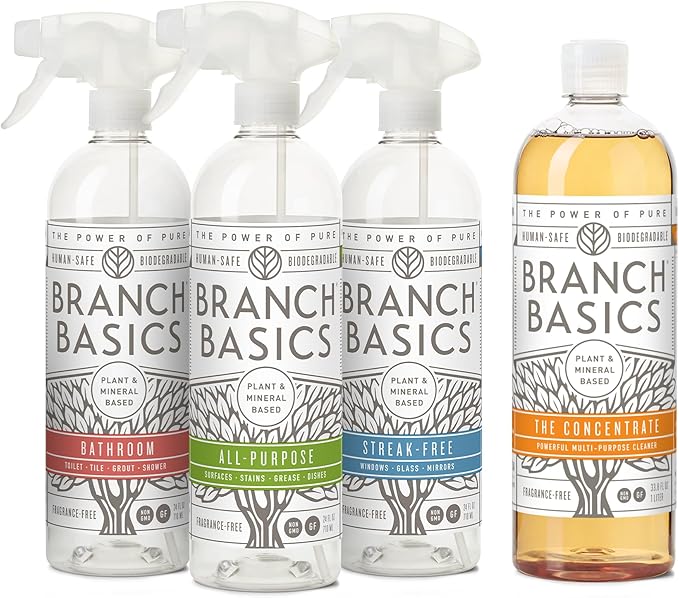 Branch Basics Cleaning Essentials Kit: All Purpose Spray, Glass Cleaner, and Bathroom Cleaner - Concentrate (33.8 Oz) + Plastic Spray Bottles for Cleaning (24 Oz) Non-Toxic, Fragrance-Free-Ruum Studio Home