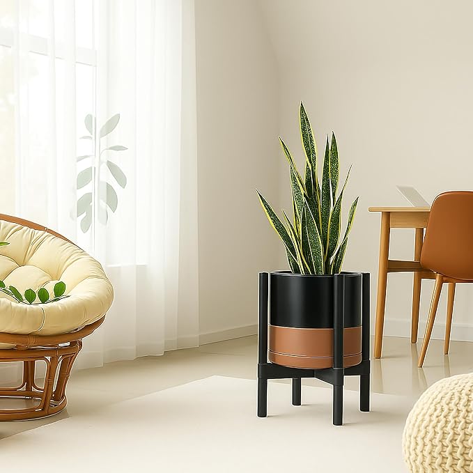 D'vine Dev Ceramic Planter with Ebony Stand - 12 Inch Modern Round Flower Pot with Wood Planter Holder, Black/Speckled Tan, 55-B-H-7-Ruum Studio Home