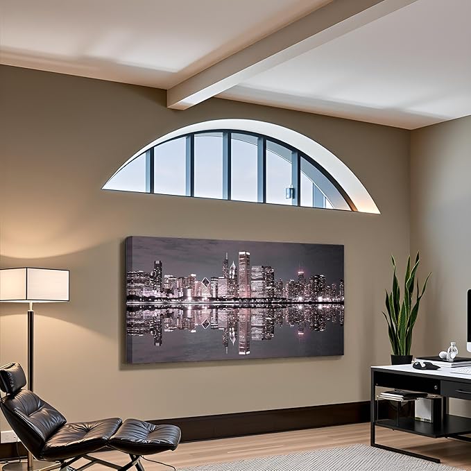 Conipit Chicago Wall Art Chicago Skyline Artwork City Night Downtown Picture Cityscape Painting Framed for Bedroom Home Office Decor 24"x48"-Ruum Studio Home