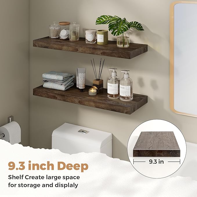 RICHFOCUS Elm Floating Shelves for Wall - 30" W x 9.3" D Rustic Solid Wood Shelves with Invisible Bracket, Wall-Mounted for Living Room, Bedroom, Kitchen Storage & Display, Set of 2, Walnut-Ruum Studio Home