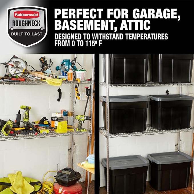 Rubbermaid Roughneck Tote 18 Gal, 6 Pack, Made in USA, Black & Gray, Rugged Plastic Stackable Storage Bins with Lids and Handles-Ruum Studio Home
