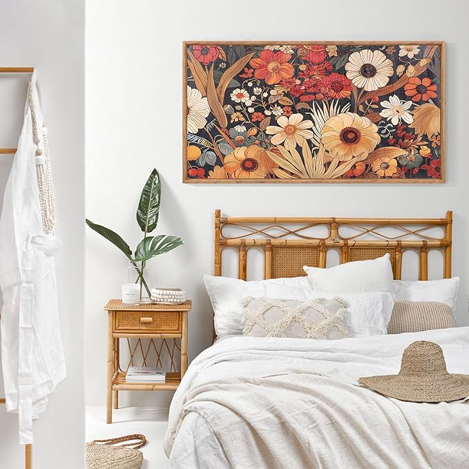 Aurlan Boho Burnt Orange Terracotta Wildflowers Framed Wall Art(40"x20"), Abstract Floral 3D Textured Canvas Artwork, Large Modern Vintage Botanical Nature Art Wall Decor for Home Office Living Room Bedroom-Ruum Studio Home