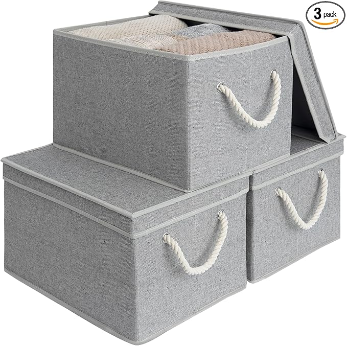 StorageWorks Storage Bins with Lids, Decorative Storage Boxes with Lid and Soft Rope Handles, Foldable Storage Baskets for Closet, Shelves, Stackable, Gray, Jumbo, 3-Pack-Ruum Studio Home