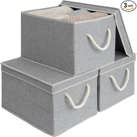 StorageWorks Storage Bins with Lids, Decorative Storage Boxes with Lid and Soft Rope Handles, Foldable Storage Baskets for Closet, Shelves, Stackable, Gray, Jumbo, 3-Pack-Ruum Studio Home