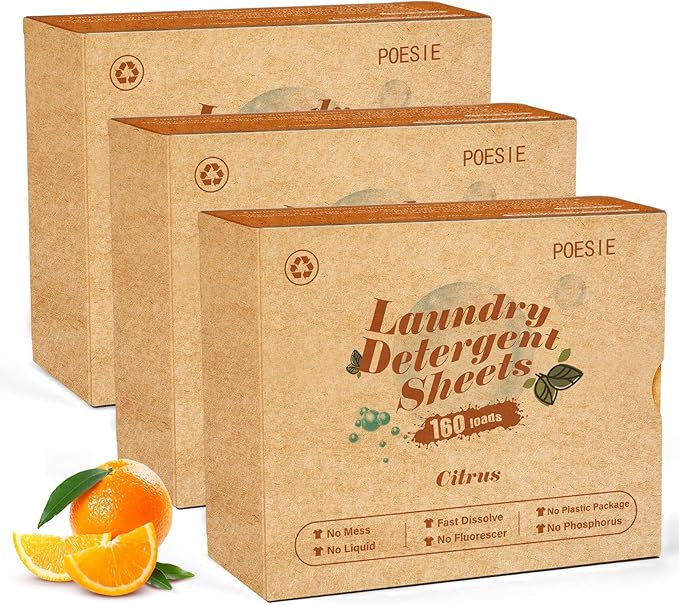 Poesie Laundry Detergent Sheets Citrus Scent 3 Pack 480 Sheets 240 Loads Zero Plastic Portable Green Package Liquid Less HE Washing Detergent Strips for Save Place Traveling-Ruum Studio Home