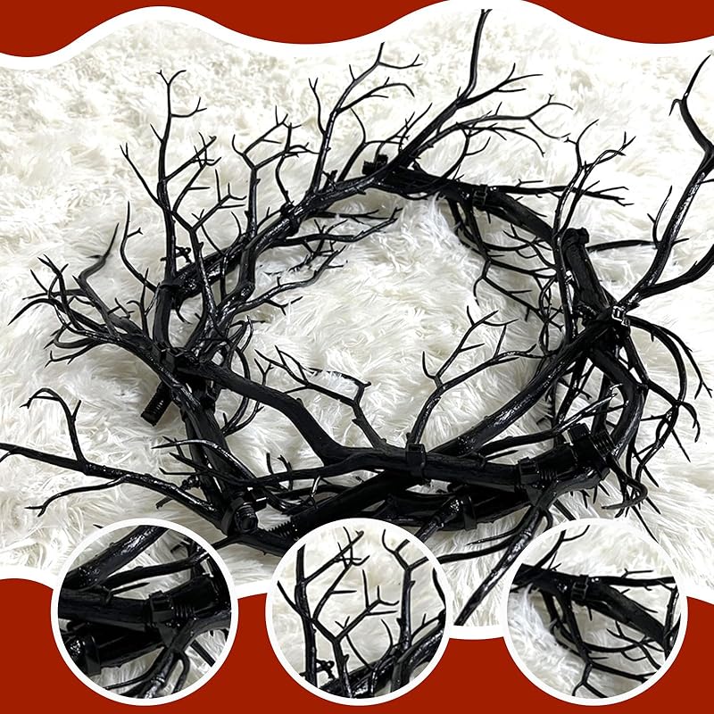 Halloween Black Branch Wreath Signs for Front Door with Red Lights,Handcrafted Halloween Horror Wreath for Indoor Outdoor Party Window Wall Decor Farmhouse Garland Yard-Ruum Studio Home