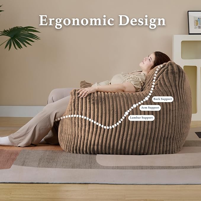 Giant Plush Bean Bag Chair for Adults with Armrests - Oversized Comfy Khaki Beanbag Lounge Lazy Floor Sofa Chair for Living Room, Bedroom & Dorm, Cozy Fluffy Single Cloud Mini Couch-Ruum Studio Home