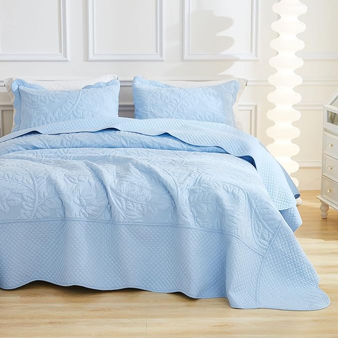 MarCielo 3-Piece 100% Cotton Oversized Bedspread Lightweight Quilt Coverlet Embroidery Farmhouse Bedding Set T0 (Light Blue, Twin (68"x86"))-Ruum Studio Home