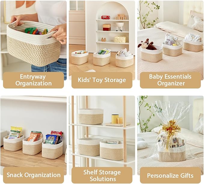 Small Cotton Rope Storage Basket Set of 3-11"x7"x7" Perfect Woven Baskets for Storage, Ideal Storage Baskets for Organizing Toys, Towels, and More - Baskets for Shelves（White & Mixed Camel）-Ruum Studio Home