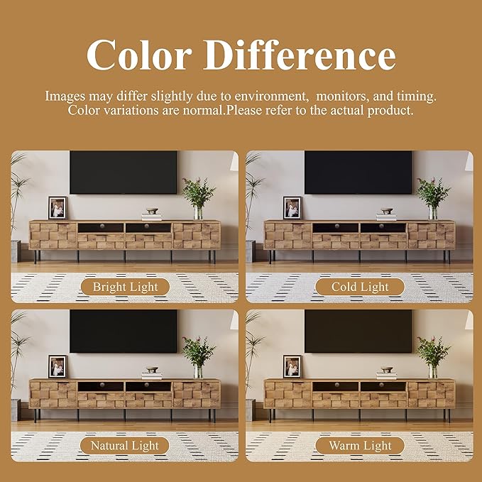Modern TV Stand for TVs up to 85", Mid-Century Media Console with Checkered Cabinet Doors, Storage Drawers & Open Shelves, Wood Entertainment Center with Metal Legs-Ruum Studio Home