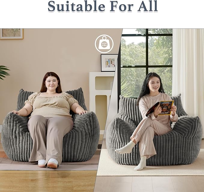 Giant Plush Bean Bag Chair for Adults with Armrests - Oversized Comfy Light Grey Beanbag Lounge Lazy Floor Sofa Accent Chair for Living Room, Bedroom & Dorm, Cozy Fluffy Single Cloud Mini Couch-Ruum Studio Home