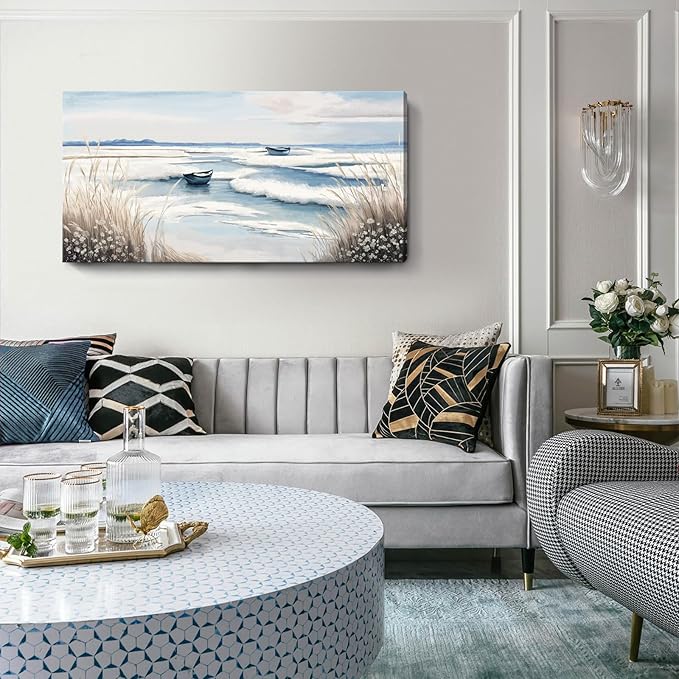 amatop Large Canvas Art Wall Decor for Bedroom Living Room –Rustic Coastal Ocean Artwork for Walls with Sailboat and Waves – Blue and White Nautical Beach Seascape Canvas Print 48x24 Inch-Ruum Studio Home