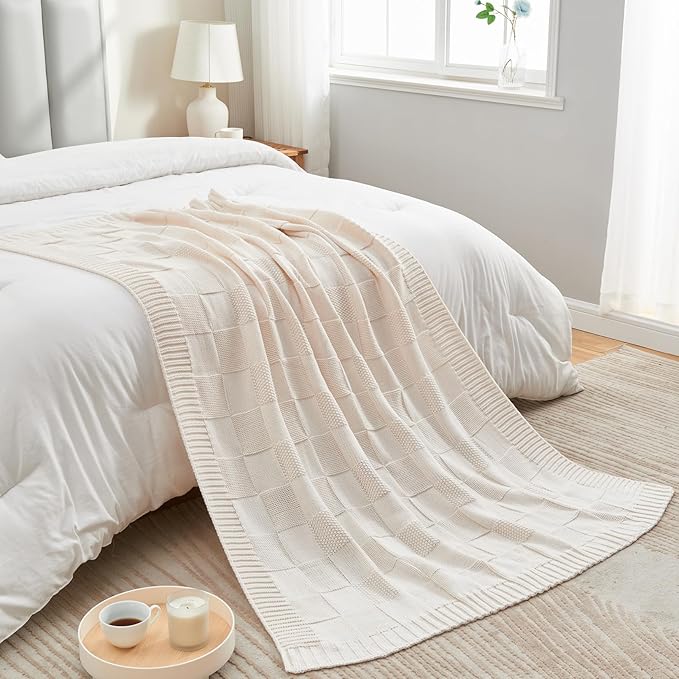 CozeCube Check Knit Throw Blanket, Cream White Checkered Throw for Couch, Decorative Christmas Soft Cozy Warm Knitted Blanket for Bed Sofa Living Room, 60"X80"-Ruum Studio Home