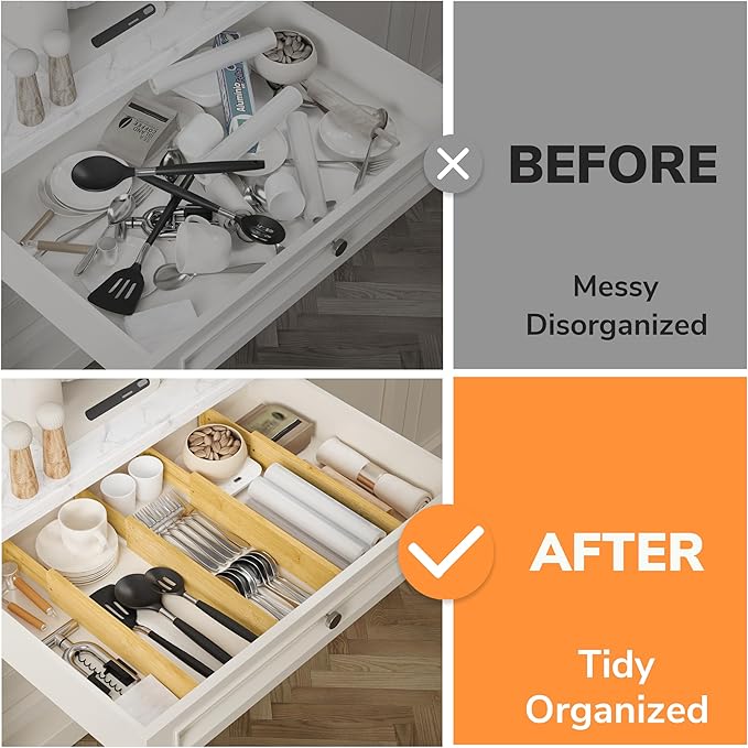 BAMEOS 3" H Bamboo Drawer Dividers - Adjustable Expandable Drawer Organizer - Kitchen, Bathroom, Bedroom & Office, 4-pack-Ruum Studio Home