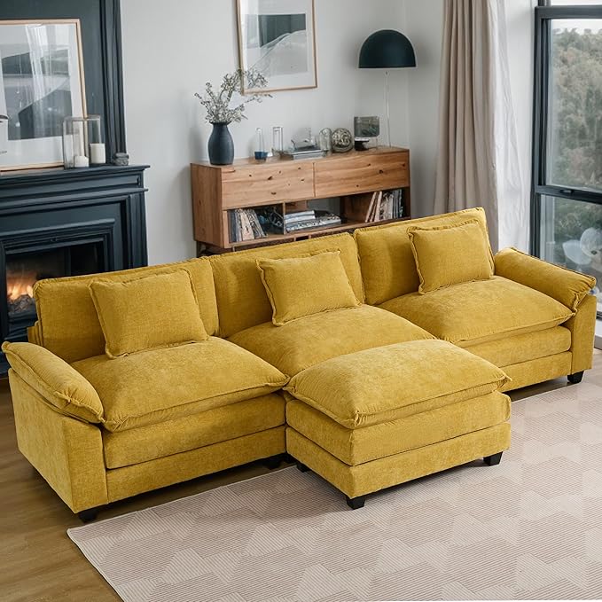 URRED Modular Sectional Sofa Comfy Cloud Couch, Modern Chenille Sofa Sleeper Deep Seat Couches with Ottoman/Pillows for Living Room (Yellow, 117''- L Shape)-Ruum Studio Home