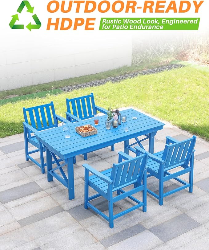 HDPE Patio Dining Set, 5-Piece Outdoor Table and Chairs with Umbrella Hole, Modern Outdoor Dining Set for 4, HDPE Outdoor Patio Furniture Dining Sets for Deck, Poolside, Porch, Sky Blue-Ruum Studio Home