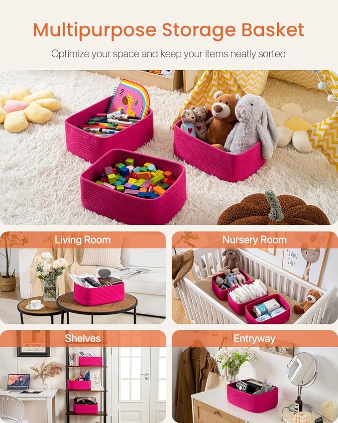 KALLAX Small Woven Basket, 13.5 x 9.5 x 5 Inches, Storage Basket for Organizing, Cute Small Rope Shelf Closet Cube Storage Bins Baskets for Shelves, Dog Toy Gift Baskets Empty, 3 Packs, Hot Pink-Ruum Studio Home