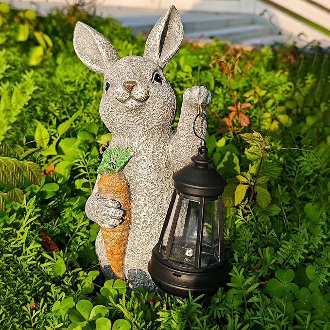 Garden Statues Rabbit Solar Lantern Outdoor Handmade Resin Statue Bunny with Cute Carrot for Patio, Yard,Mother's Day Gift Ideas (rabbit1)-Ruum Studio Home