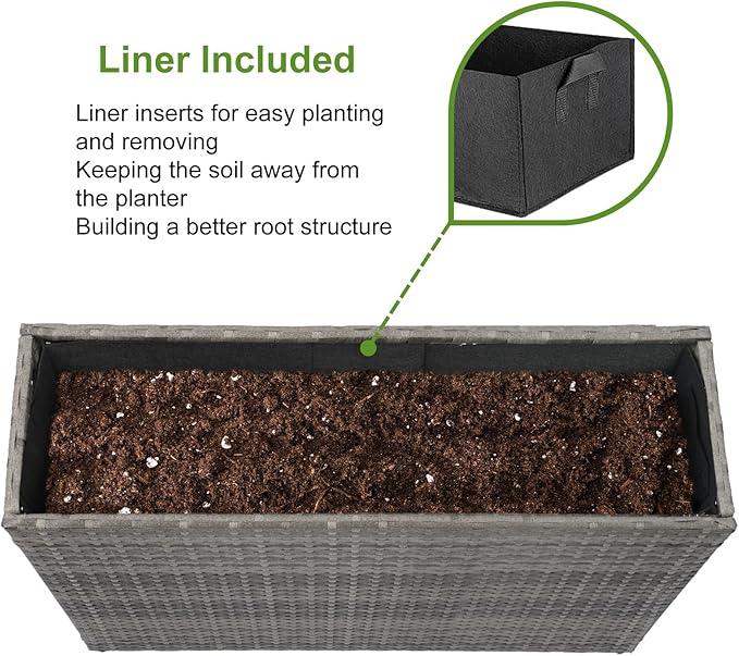 LEWIS&WAYNE Large Rectangular Block Planter Box Handmade Wicker Tall Planters for Outdoor Plants with Removable Liners Modern Planter for Indoor Outdoor Patio Deck - Gray, 38''x11''x30''-Ruum Studio Home