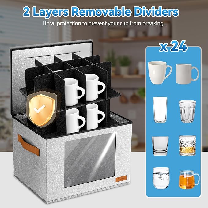 2-Layer Coffee Mug Storage Box with Dividers, Cup Storage Organizer with Zipper Lid and Handles, Stackable China Storage Containers Service for 24 Mugs, Cups and Glasses, Light Grey-Ruum Studio Home