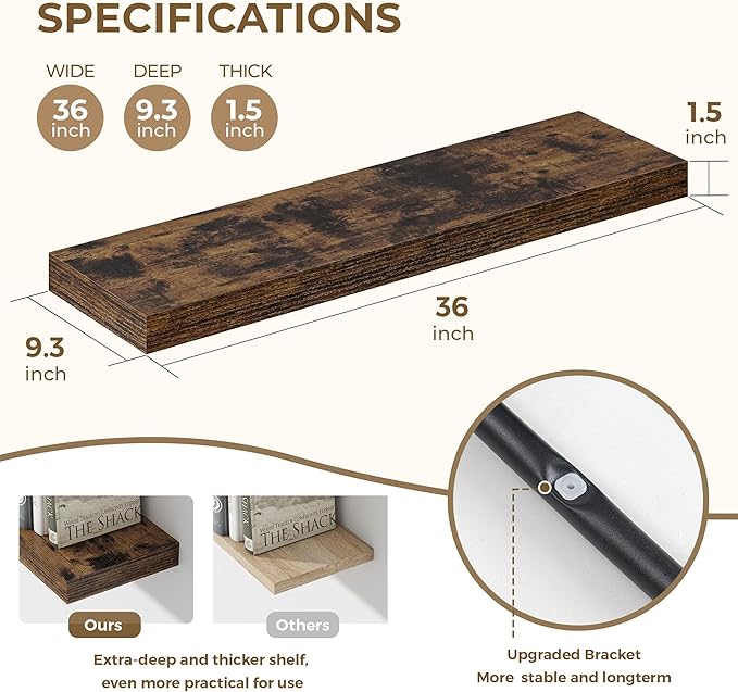 Dreamland 36 Inches Floating Shelves for Wall, 9.3" Deep Long Floating Shelves Set of 2, Large Display & Storage Shelf, Wall Shelf for Bathroom Bedroom Living Room Kitchen Office, Rustic Brown-Ruum Studio Home