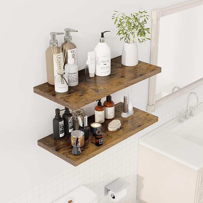 30" Floating Shelves for Wall, 12" Deep Slim Rustic Brown Floating Shelves, Wall-Mounted Shelves for Bedroom, Living Room, Kitchen, Bathroom - Set of 2-Ruum Studio Home