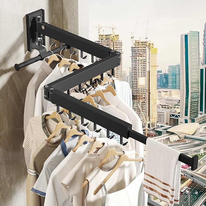 Drying Rack Clothing, Retractable Clothes Drying Rack,Wall Mounted Laundry Rack, Laundry Drying Rack Wall Mount,Collapsible Clothes Rack,can Fold Upward & Left & Right,Black Color-Ruum Studio Home