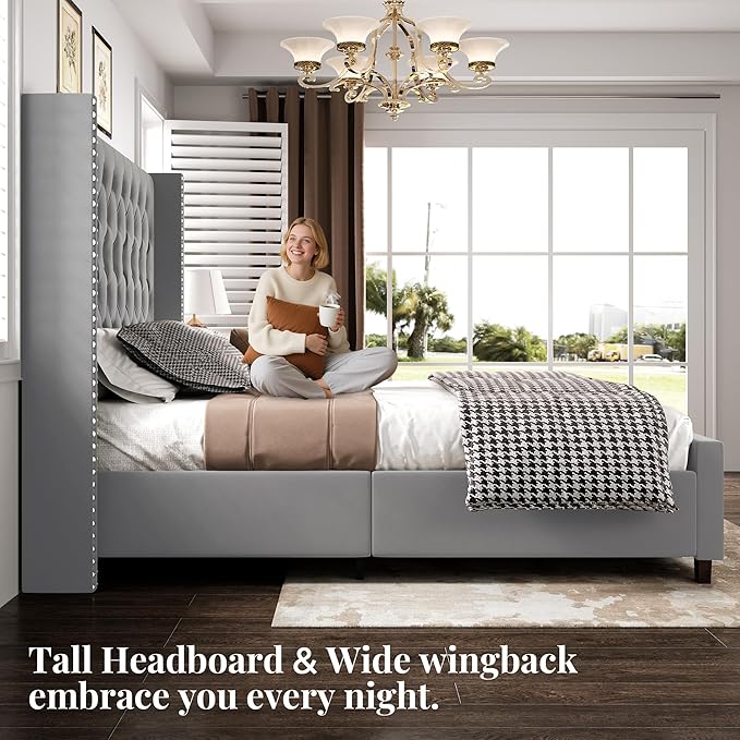 PaPaJet Queen Size Bed Frame with 61.4" Tall Headboard, Velvet Upholstered Platform and Handmade Deep Button Tufting, No Box Spring Required, Grey-Ruum Studio Home