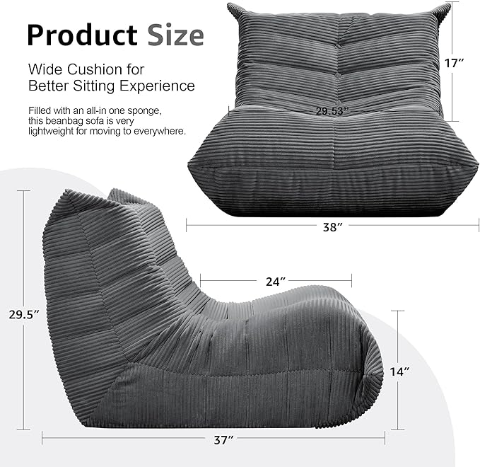 Bean Bag Chairs for Adults Giant Bean Bag Chair Memory Foam BeanBag Chair Big Bean Bag Sofa with Filler Faux Fur Fireside Beanbags Lazy Sofa for Living Room Bedroom Dorm Office (Grey Corduroy)-Ruum Studio Home