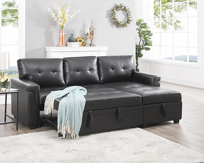 Naomi Home Jenny Sectional Sofa Sleeper with Storage Chaise, Tufted Pull Out Couch with Storage, L-Shaped Reversible Sleeper Sofa with Storage, Black,Air Leather-Ruum Studio Home