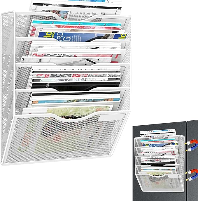 5-Tier Magnetic File Organizer, No Drilling Installation, White Magnetic Paper Holder, Magazine Rack for Refrigerator and File Cabinets-Ruum Studio Home