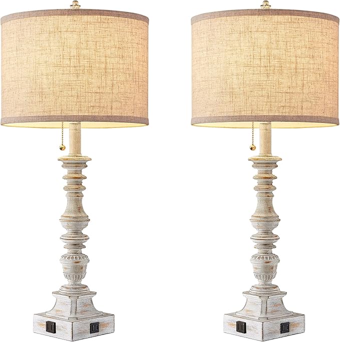 Set of 2 Farmhouse Table Lamps for Living Room, 29.5" Inch Tall Rustic Bedrooms Nightstand Table Lamp with USB-C & USB-A Charging + AC Outlet, Pull Chain Bedside Lamp for End Table, Antique White-Ruum Studio Home
