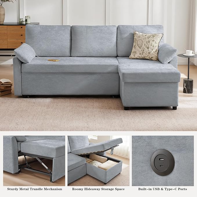 Waxberry Sectional Sofa Couch, Pull Out Couch Sleeper Sofa Bed with Storage for Living Room, Reversible Chaise, Side Pockets & Dual USB/Type-C Ports, Includes 1 Blanket, Grey-Ruum Studio Home