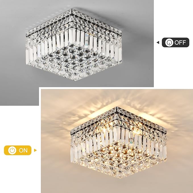 4-Light Black Crystal Chandeliers Flush Mount Chandelier Light Fixture with K9 Crystals Modern Ceiling Lights Elegant Square Lamp for Bedroom,Hallway,Bar,Living Room,Dining Room,H5.9 xW13.7-Ruum Studio Home