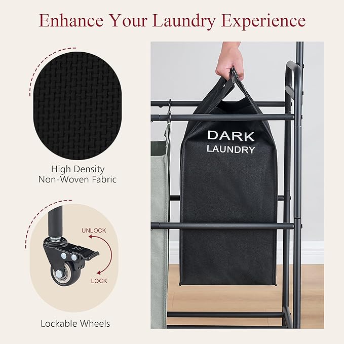 Tajsoon Laundry Sorter Cart with Hanging Clothes Rack, 3 Butler Sorter Basket Organizer, Laundry Hamper Cart with Heavy Duty Rolling Lockable Wheels, 3 Colors-Ruum Studio Home
