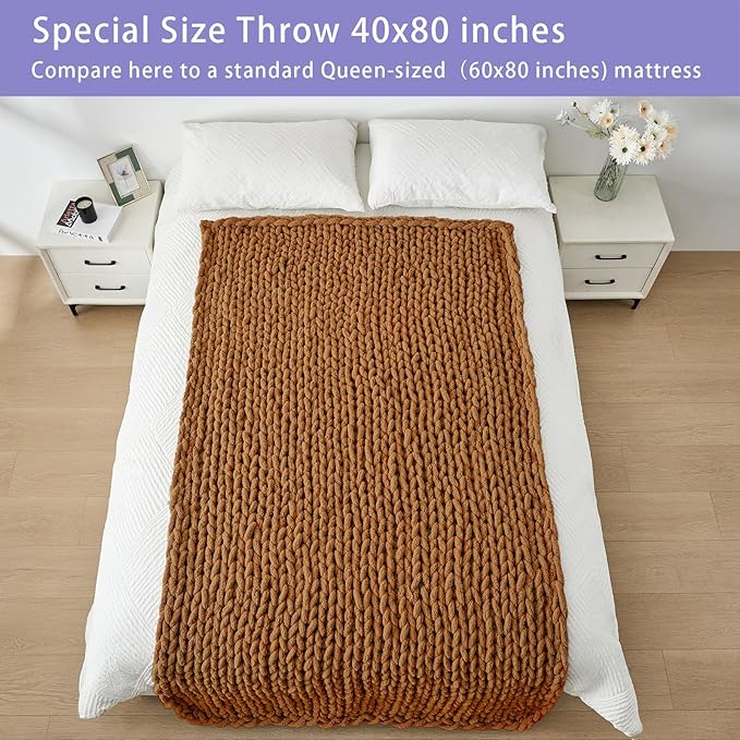 Bigacogo Chunky Knit Throw Blanket for Couch, 40x80 inches, 100% Hand Knitted with Thick Jumbo Chenille Yarn, Cozy Soft Large Rope Knot Cable Crochet Blankets for Sofa Bed Living Room, Caramel-Ruum Studio Home