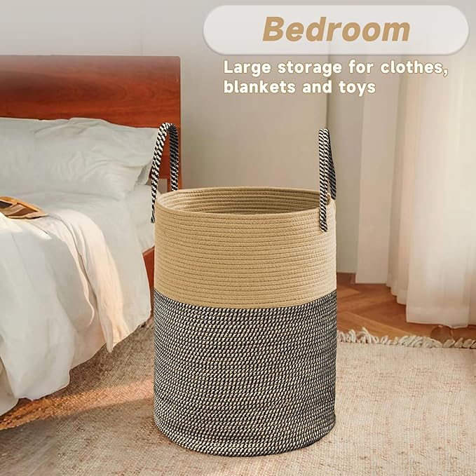 Large Woven Laundry Basket Hamper,100L Cotton Rope Storage Bin for Blankets,Toys and Clothes,Decorative Tall Nursery Hamper for Living Room,Baby Nursery,Bathroom and Bedroom,Brown and Black-Ruum Studio Home