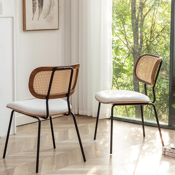Rattan Dining Chairs Set of 4, Mid Century Modern Dining Chairs with Cane Back for Kitchen Dining Room, 19 Inch Fabric Beige-Ruum Studio Home