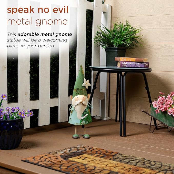 Alpine Corporation - 18" Tall Outdoor Garden Gnome Yard Decoration - Metal Statue with Speak No Evil Expression - Durable, Weatherproof Lawn Sculpture for Patio, Deck, Yard-Ruum Studio Home