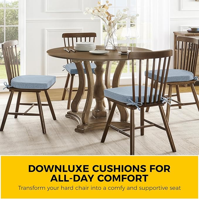 downluxe Indoor Chair Cushions for Dining Chairs, Soft and Comfortable Textured Foam Kitchen Chair Pads with Ties and Non-Slip Backing, 16" x 16" x 2", Light Blue, 2 Pack-Ruum Studio Home