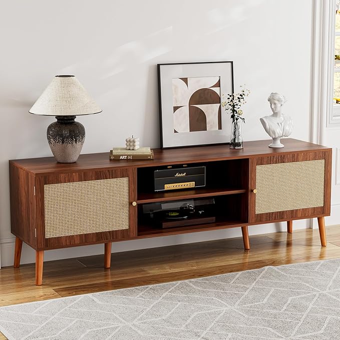 TV Stand for TVs up to 65'', Entertainment Center With Rattan Door, Shelves & 2 Cabinets, Long Boho Media Console for Living Room, Walnut-Ruum Studio Home