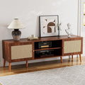 TV Stand for TVs up to 65'', Entertainment Center With Rattan Door, Shelves & 2 Cabinets, Long Boho Media Console for Living Room, Walnut-Ruum Studio Home