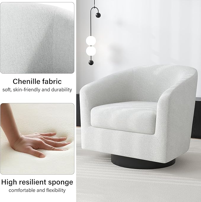 Swivel Barrel Accent Chair, Modern Round Chenille Fabric Arm Chair for Living Room, Bedroom, Comfy Club Reading Chairs for Adults（Chenille Fabric, Beige, Set of 1-Ruum Studio Home