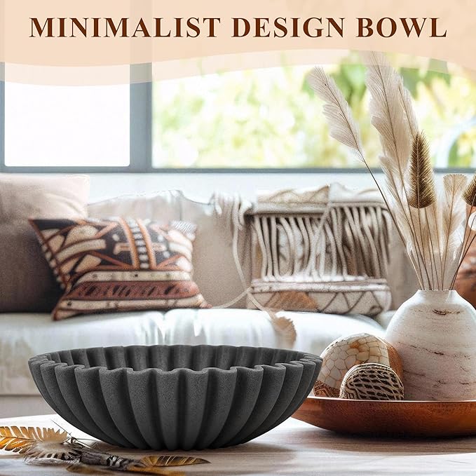 Large Decorative Bowl, Modern Handicraft Bowls for Home Decor, Decorative Fruit Bowl for Kitchen, Ruffle Bowl Decor, Stylish Key bowl for Entry Table, Artificial Stone Black-Ruum Studio Home