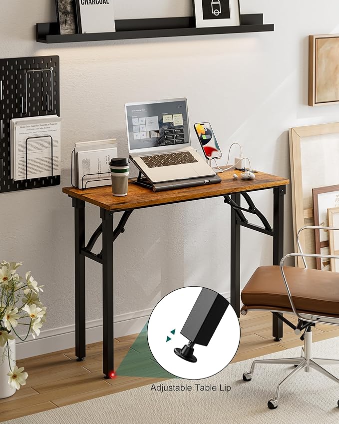 Frylr Small Folding Computer Desk – 35.8 Inch Portable Table for Craft and Study, Lightweight Desk for Small Spaces, Foldable Laptop Table Built-in AC/USB Outlets for Convenience, Rustic Brown-Ruum Studio Home