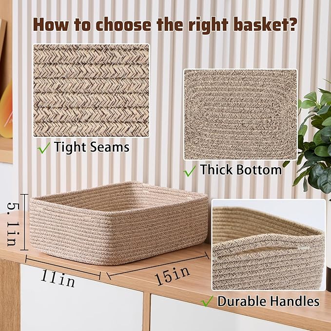 Large Shallow Organizing Baskets 15x11x5.1 Inches - Rope Woven Storage Bins for Bathroom, Shelves, Cube Closet, Mixed Brown 2 Packs-Ruum Studio Home