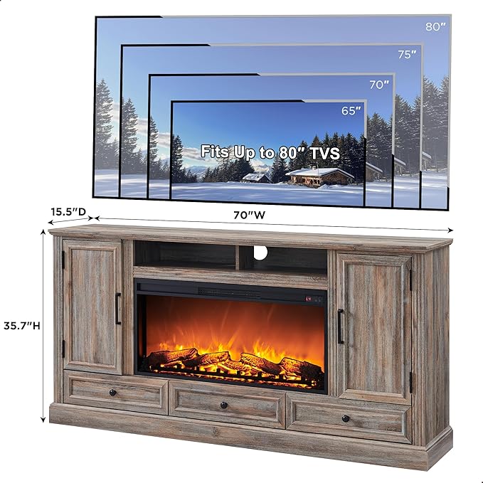 Fireplace TV Stand for 80 Inch TV, 35.7" Tall Farmhouse Entertainment Center W/36'' Electric Fireplace, Media Console with Large Storage Cabinets and Drawers for Living Room, Purple Oak-Ruum Studio Home