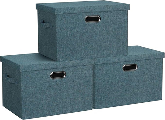 Large 17" 36 Quart Collapsible Stackable Storage Bins with Lids, 3 Packs Blue-Green Linen Fabric Closet Boxes with Lids, Storage Cube Baskets Container Organizers for Bedroom (17x12x11)-Ruum Studio Home
