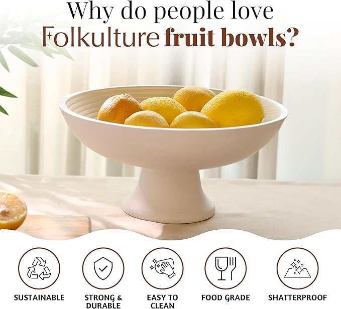 Folkulture Wooden Fruit Bowl for Kitchen Counter | 12" Large Premium Eco Friendly Banana Fruit Basket for Kitchen | White Wood Bowl with Holder, Pedestal for Table Decor, Centerpiece for Dining Table-Ruum Studio Home