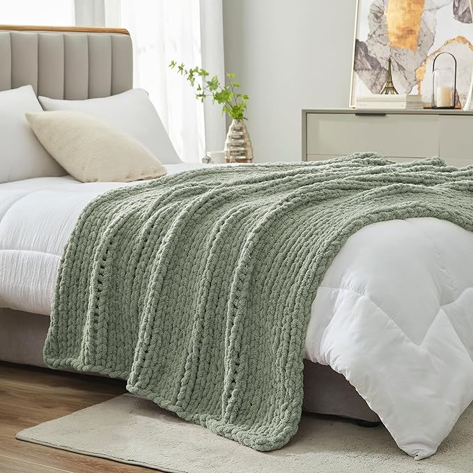 Amélie Home Chunky Knit Throw Blanket for Couch, Soft Chenille Crochet Blanket for Sofa, 50"x60", Sage Green-Ruum Studio Home